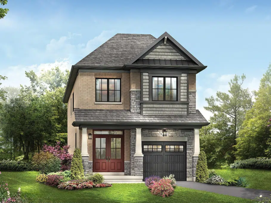 Empire Wyndfield home rendering — stone & brick elevation